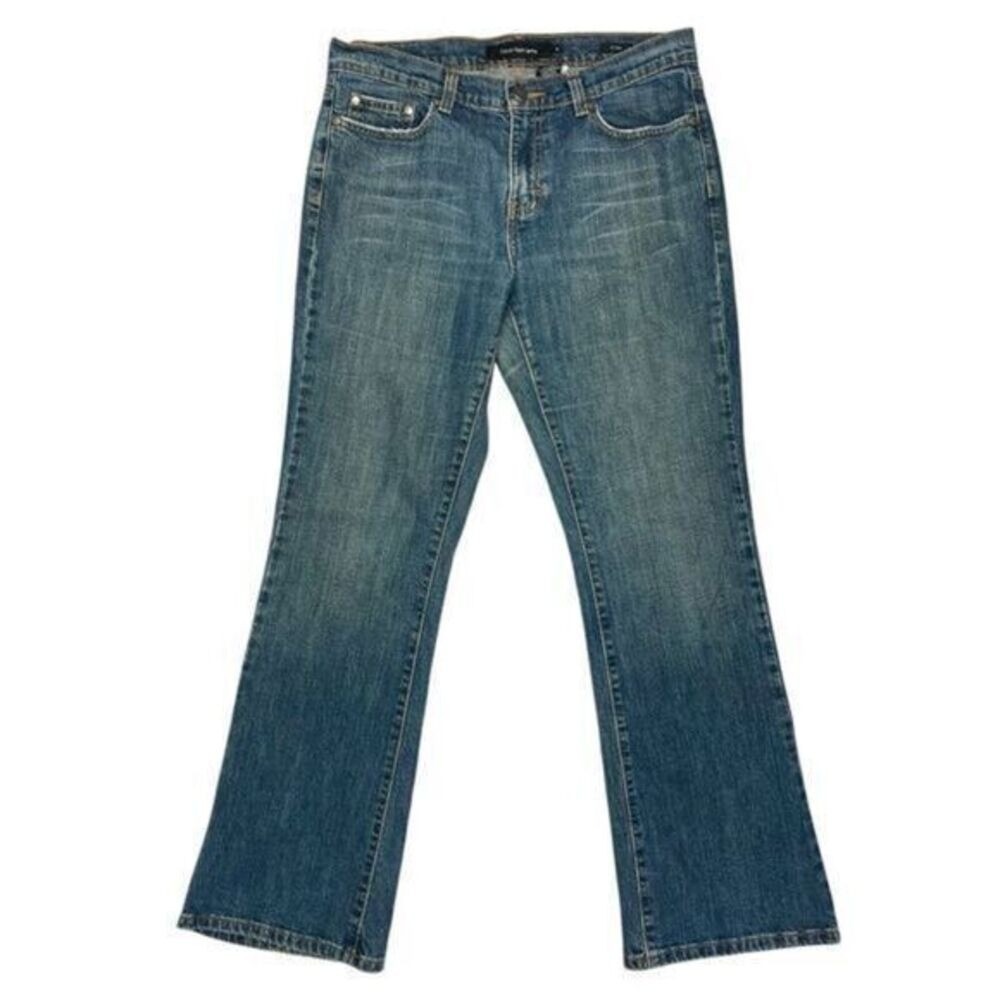 Calvin Klein Flare Leg Mid Rise Jeans Womens Sz 8 Medium Wash Blue Stretch Denim